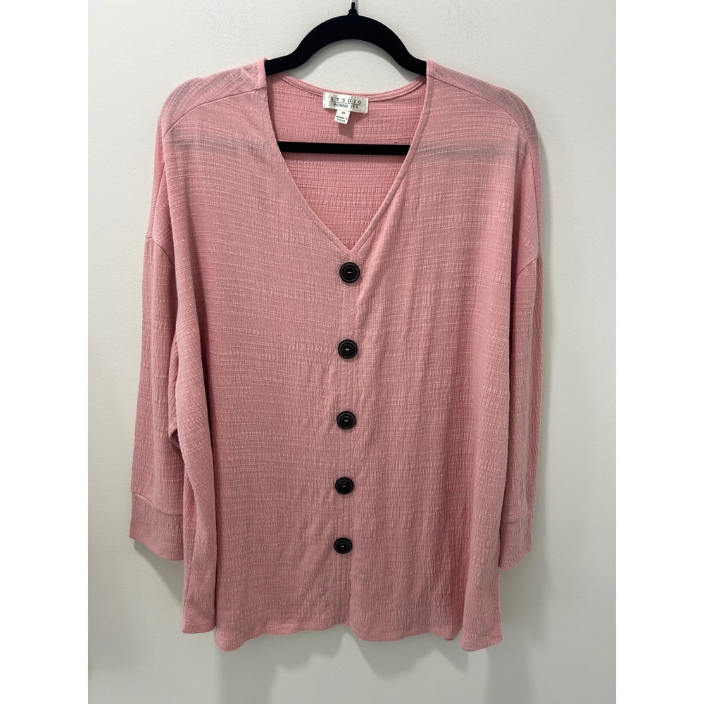Studio Woman JPR Pink Textured V-Neck Button Front Cardigan Top 1X RN95619